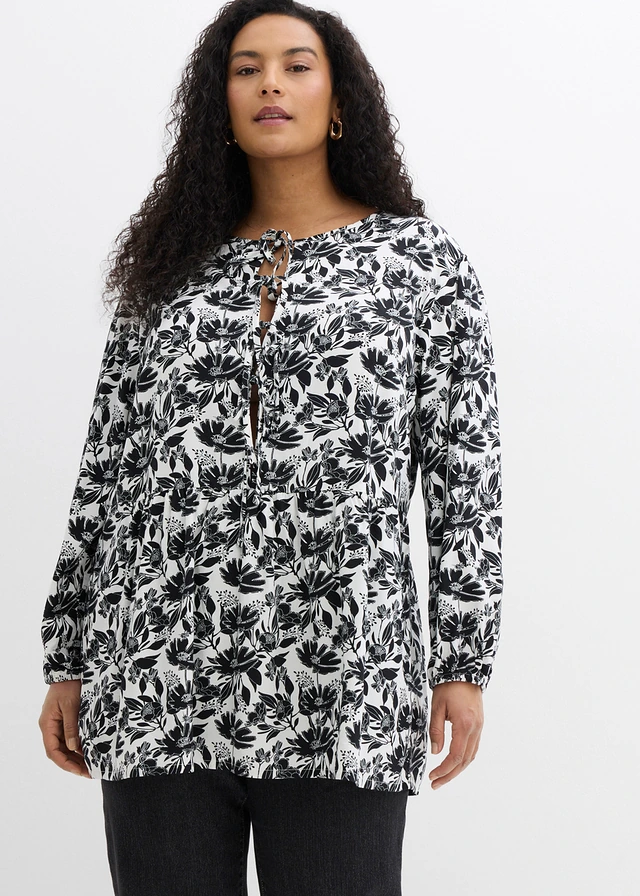 Tunique longue en viscose, Couleur: blanc/noir imprimé