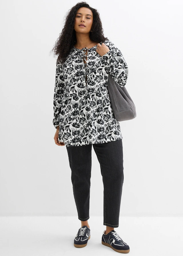 Tunique longue en viscose, Couleur: blanc/noir imprimé