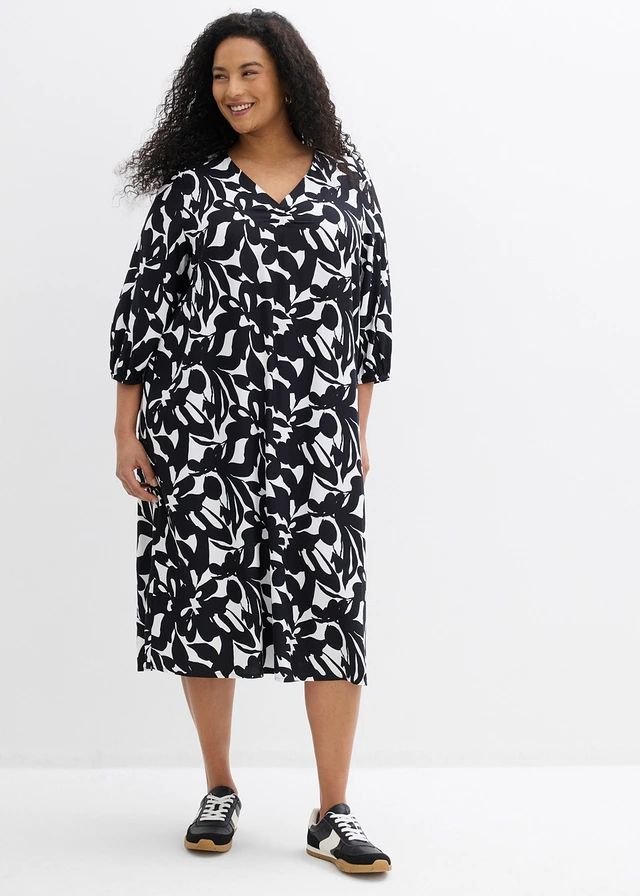 Robe longue en viscose fluide, Couleur: noir/écru floral