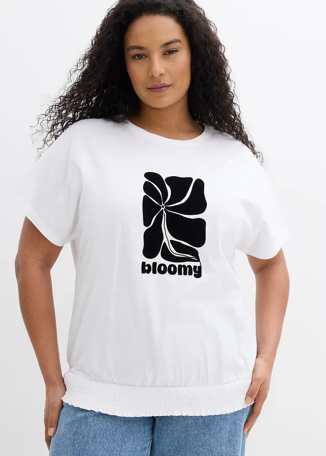 T-shirt en coton à base smockée, Couleur: blanc/noir imprimé