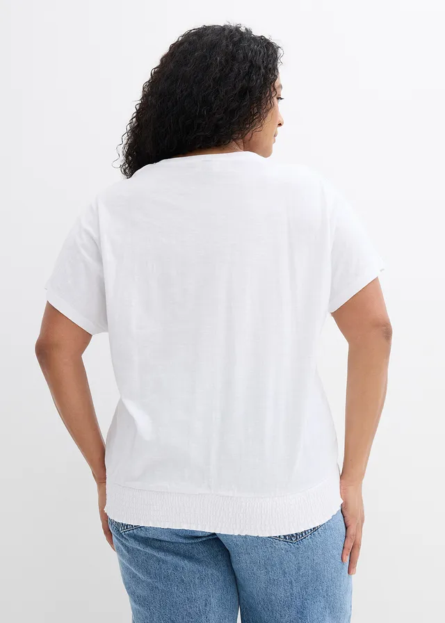 T-shirt en coton à base smockée, Couleur: blanc/noir imprimé