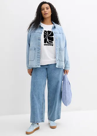 Katoenen shirt met smockwerk, Kleur: wit-zwart met print