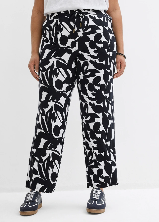Pantalon en jersey viscose, Couleur: noir-blanc imprimé