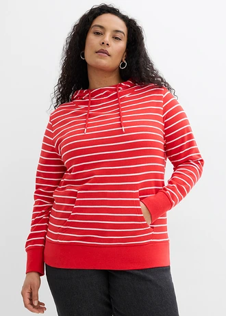 Sweat à capuche en coton mélangé, Couleur: fraise/blanc rayé