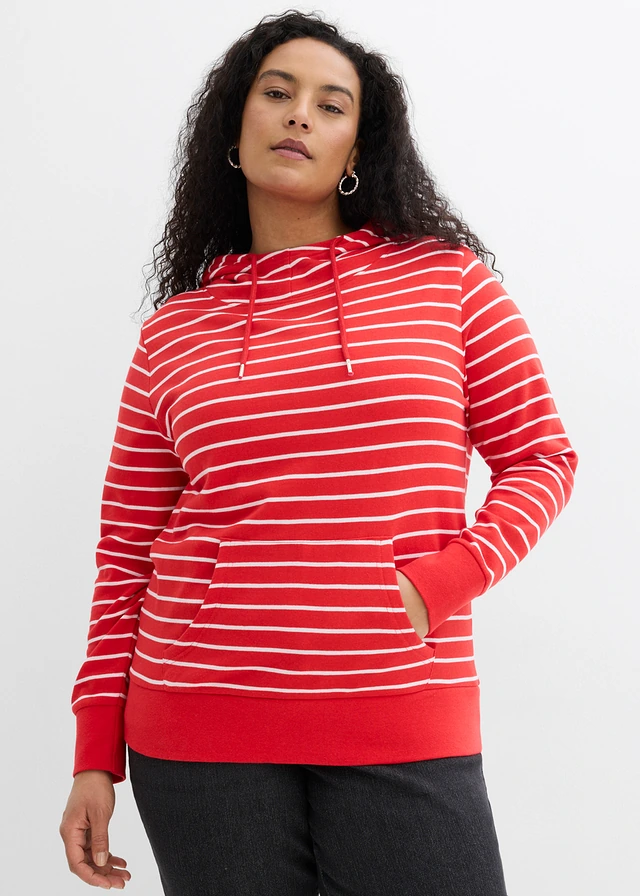 Sweat à capuche en coton mélangé, Couleur: fraise/blanc rayé