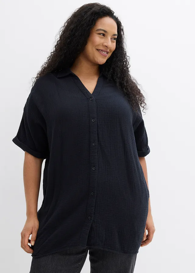 Chemisier long, oversize et doux en gaze de coton, Couleur: noir