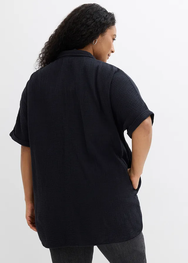 Chemisier long, oversize et doux en gaze de coton, Couleur: noir