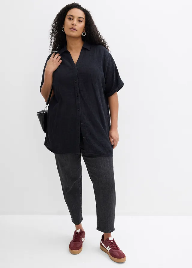 Chemisier long, oversize et doux en gaze de coton, Couleur: noir