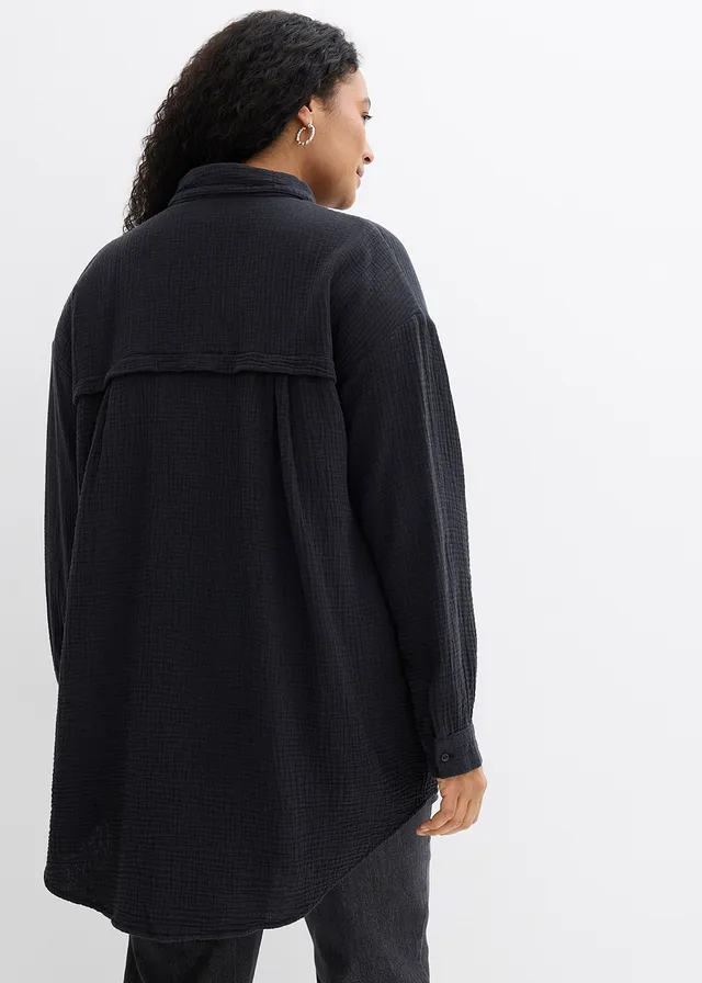 Chemisier long oversize en gaze de coton, Couleur: noir