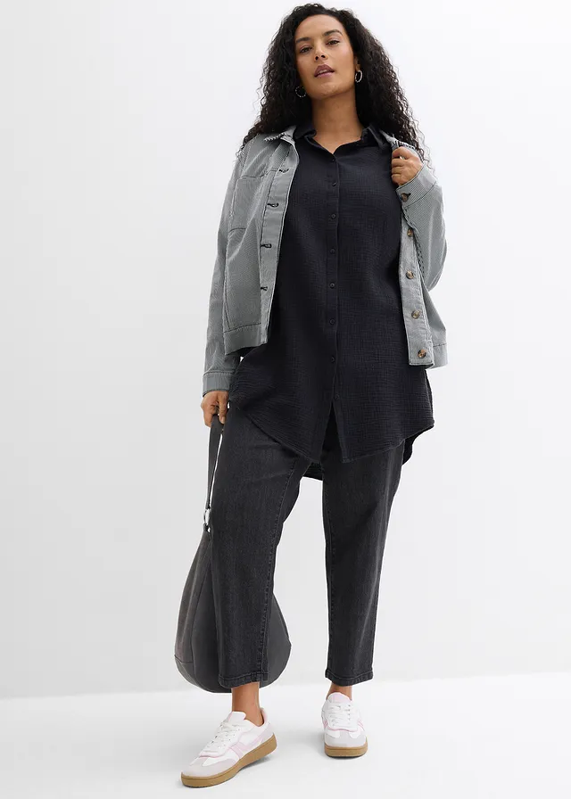 Chemisier long oversize en gaze de coton, Couleur: noir