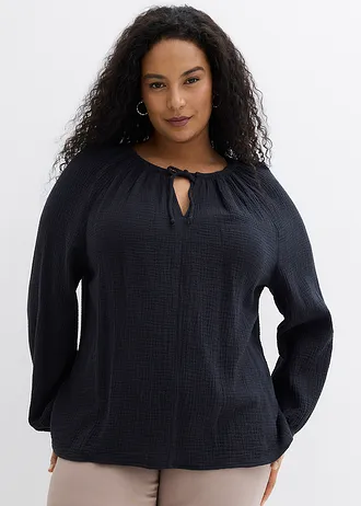 Blouse van luchtige mousseline, Kleur: zwart