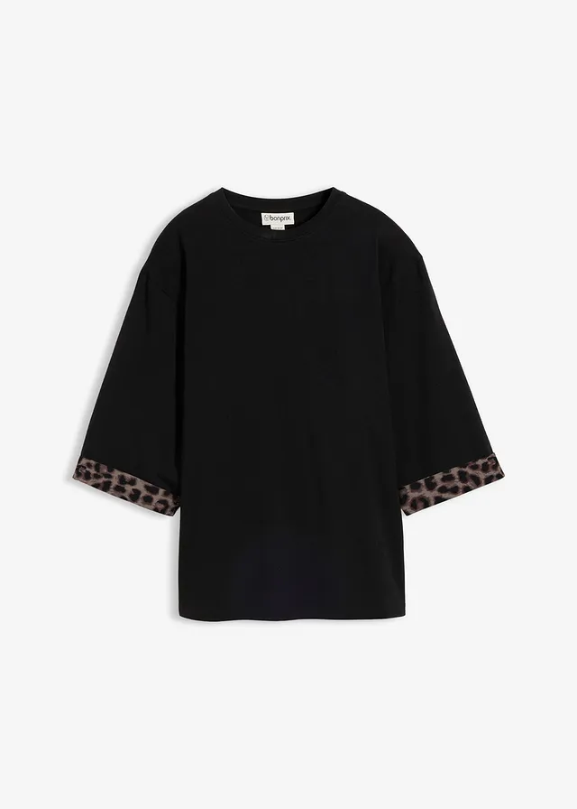 Sweat en coton extensible à détails léopard, Couleur: noir-marron foncé-marron moyen-pierre naturelle léopard