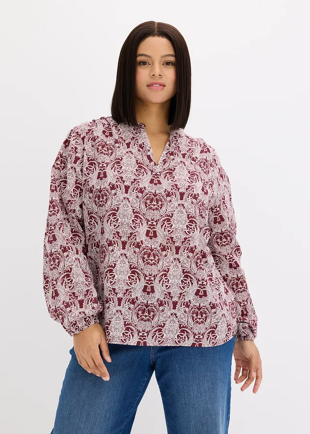 Blouse 100% coton, Couleur: rouge rubis-écru paisley