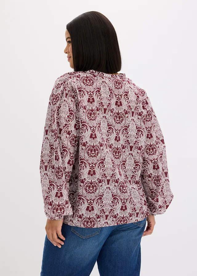 Blouse 100% coton, Couleur: rouge rubis-écru paisley