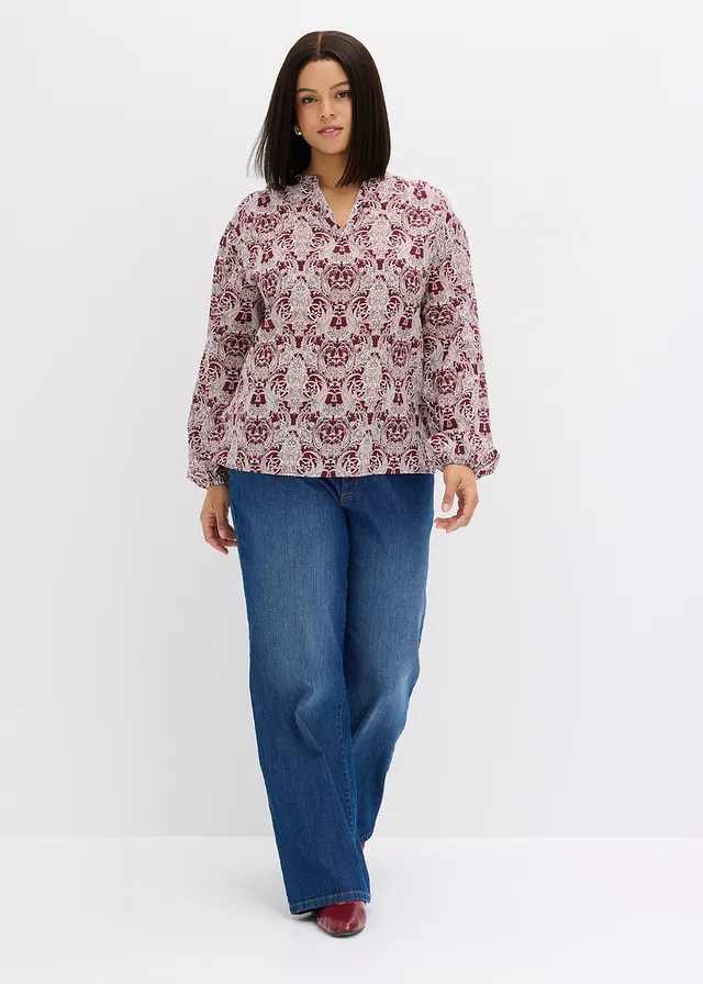 Blouse 100% coton, Couleur: rouge rubis-écru paisley