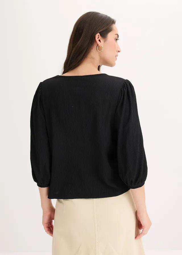 Blouse en jersey crêpe texturé, Couleur: noir