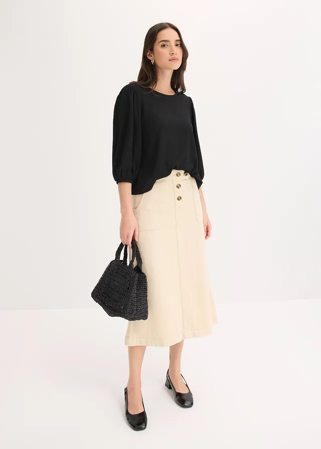 Shirtblouse van gestructureerde crêpe, Kleur: zwart