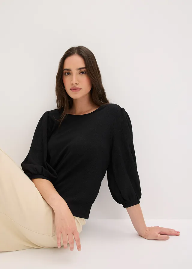 Blouse en jersey crêpe texturé, Couleur: noir