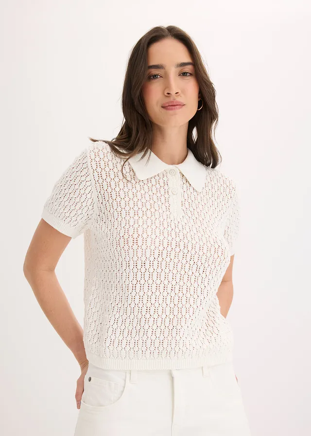 Pull ajouré 100% coton, Couleur: écru