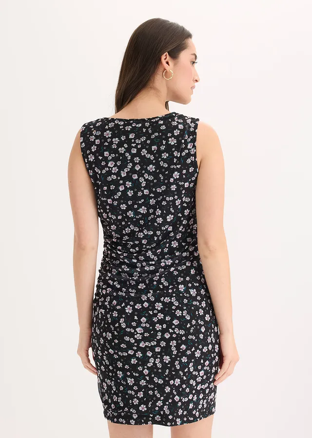 Robe courte et cintrée en mesh, Couleur: noir floral
