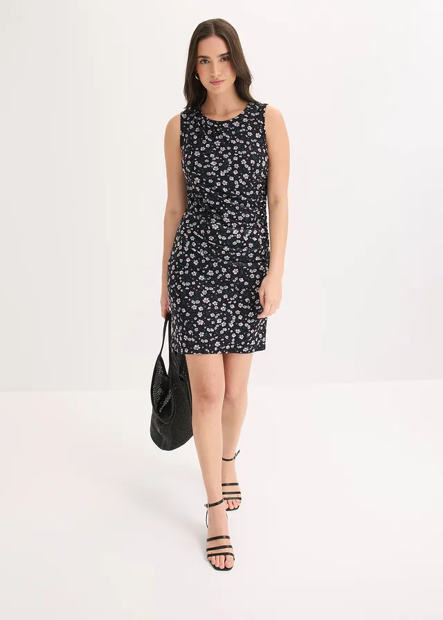 Robe courte et cintrée en mesh, Couleur: noir floral