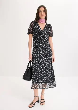 Jersey jurk van fijn mesh, Kleur: zwart gebloemd