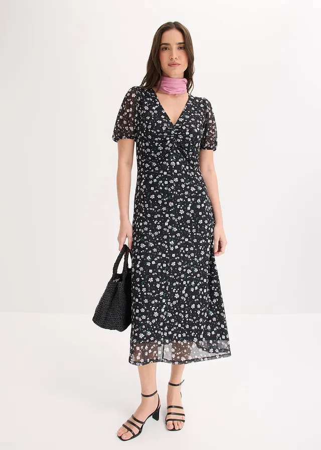 Rochie din jerse fin din mesh negru înflorat