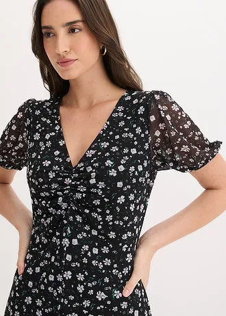 Rochie din jerse fin din mesh • negru înflorat • magazin bonprix