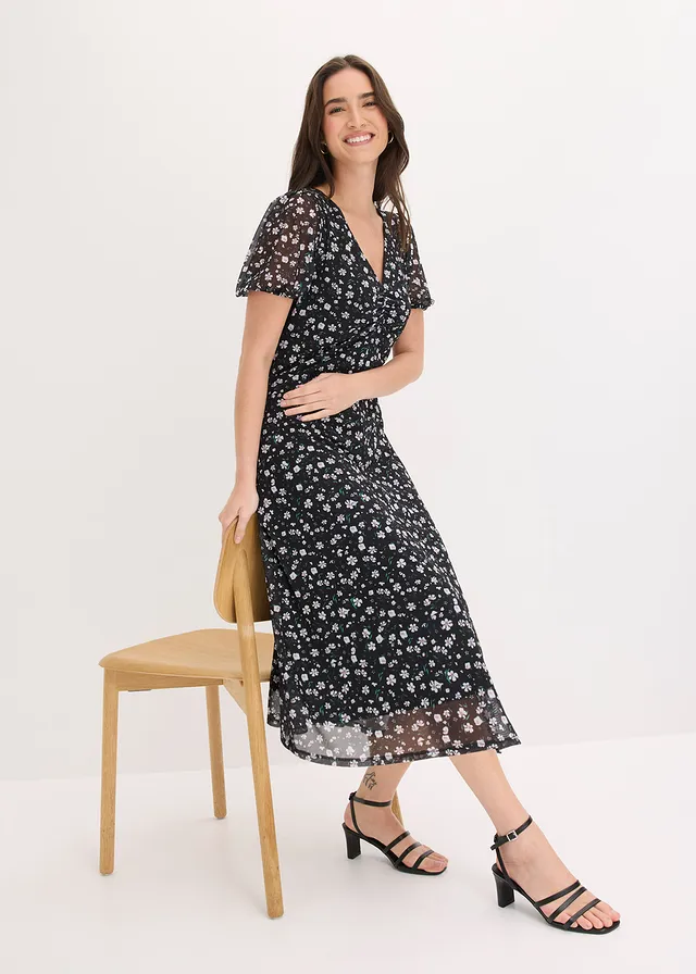 Rochie din jerse fin din mesh • negru înflorat • magazin bonprix