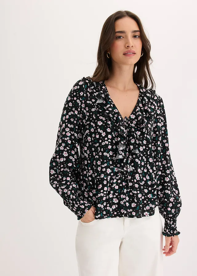 Tuniek in een fijne viscosemix, Kleur: zwart gebloemd