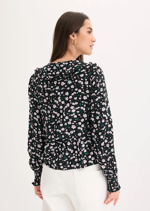 Tuniek in een fijne viscosemix, Kleur: zwart gebloemd