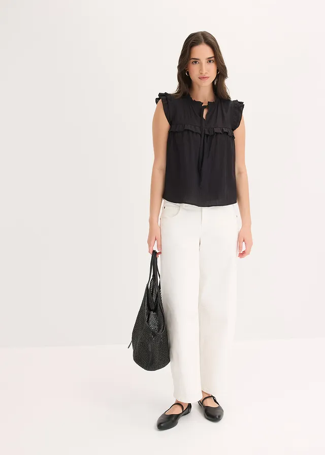 Blouse volantée en viscose mélangée, Couleur: noir