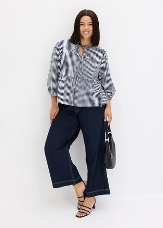 Blouse met strikdetail, Kleur: donkerblauw/wit