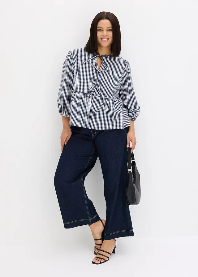 Blouse à nouettes, Couleur: bleu foncé   blanc
