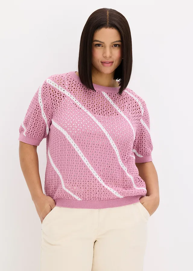 Pull ajouré 100% coton, Couleur: mauve-blanc rayé