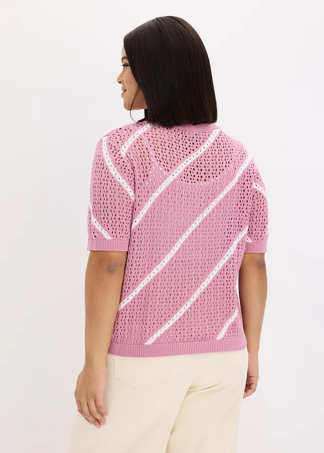 Pull ajouré 100% coton, Couleur: mauve-blanc rayé