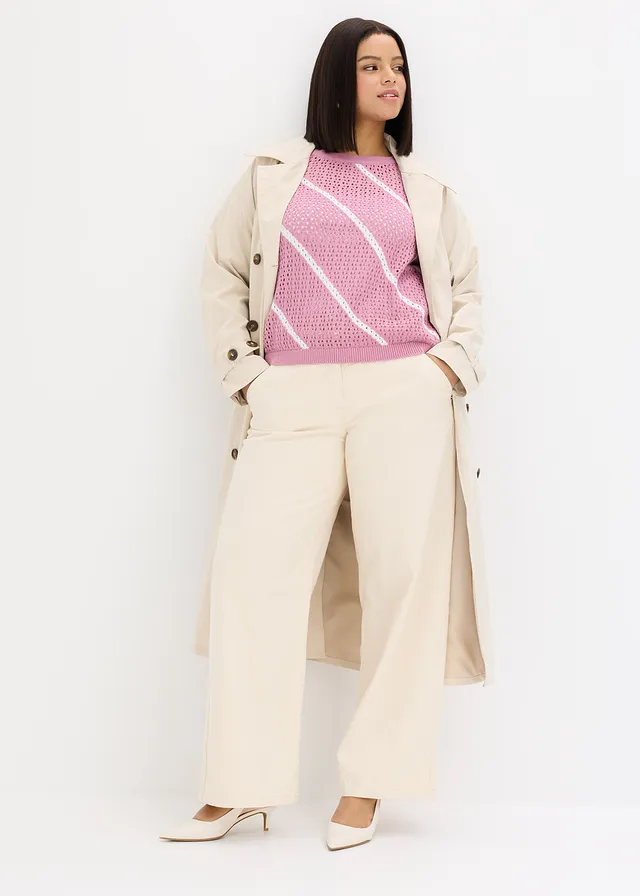 Pull ajouré 100% coton, Couleur: mauve-blanc rayé