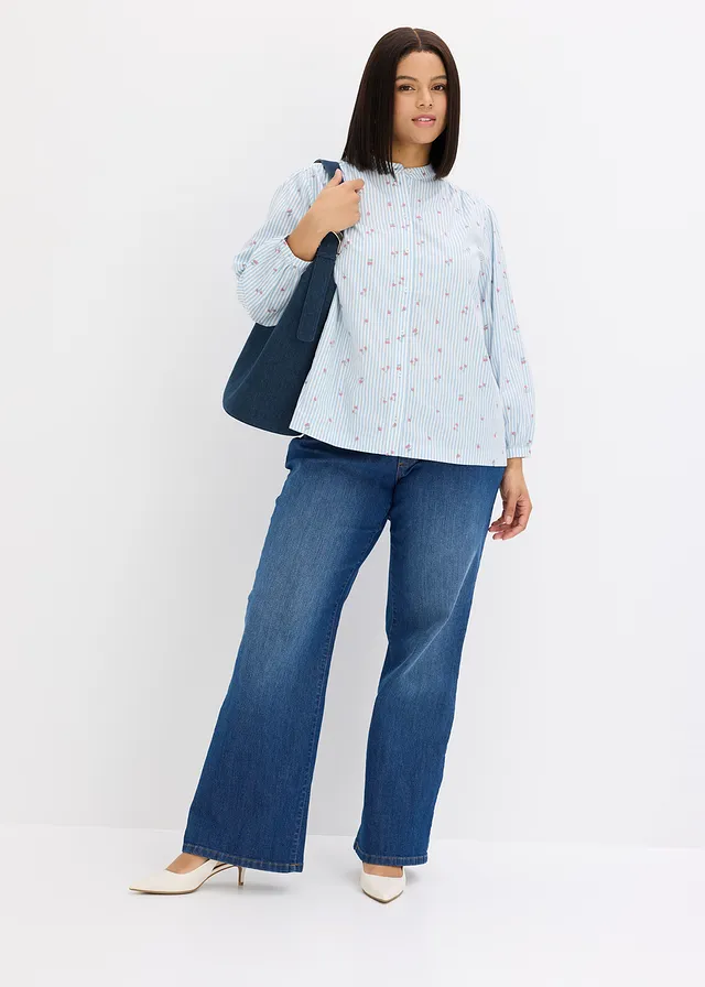 Blouse van puur katoen met 7/8-mouwen, Kleur: lichtblauw-wit verticaal gestreept