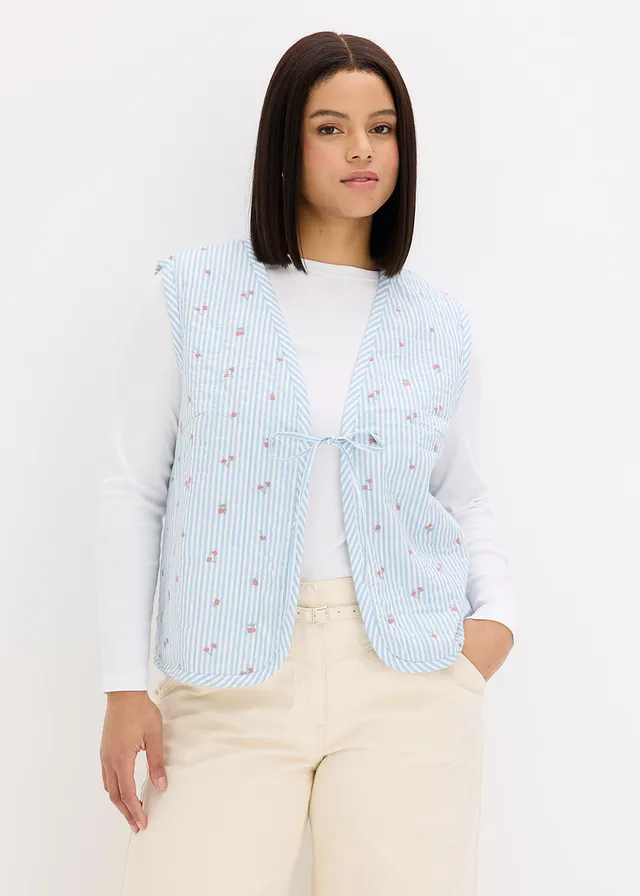 Gilet sans manches matelassé et brodé, Couleur: bleu clair/blanc rayé