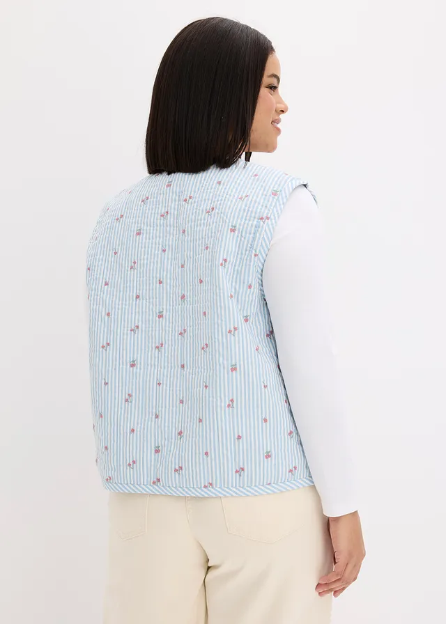 Gilet sans manches matelassé et brodé, Couleur: bleu clair/blanc rayé