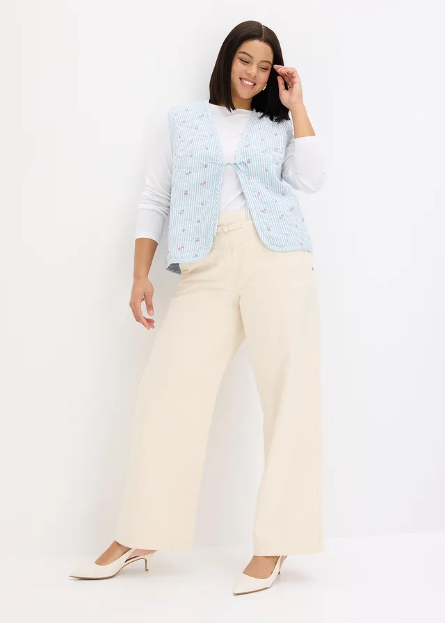 Gilet sans manches matelassé et brodé, Couleur: bleu clair/blanc rayé