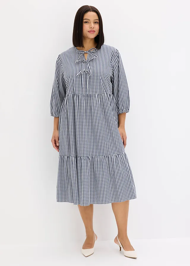 Robe midi en coton extensible, Couleur: bleu foncé-blanc carreaux