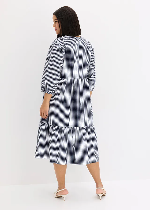 Robe midi en coton extensible, Couleur: bleu foncé-blanc carreaux