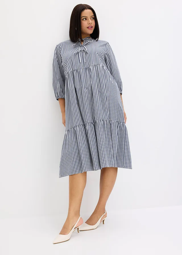 Robe midi en coton extensible, Couleur: bleu foncé-blanc carreaux