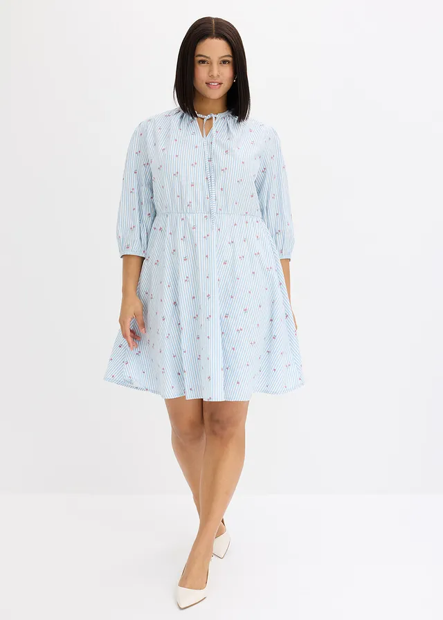 Robe courte 100% coton, Couleur: bleu clair/blanc rayé