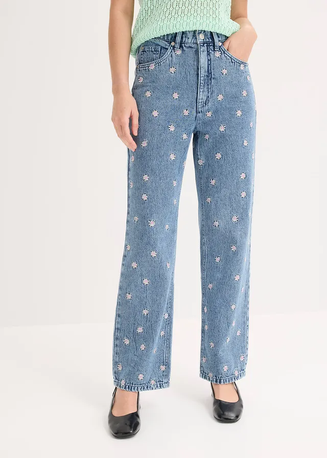 Straight jeans van katoen, high waist, Kleur: lichtblauw denim used
