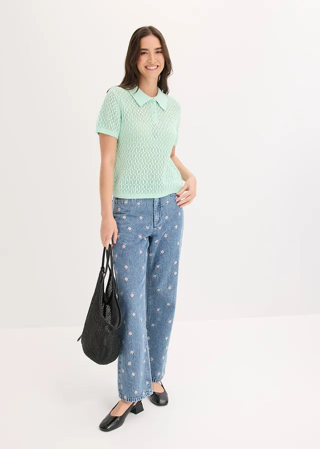 Straight jeans van katoen, high waist, Kleur: lichtblauw denim used