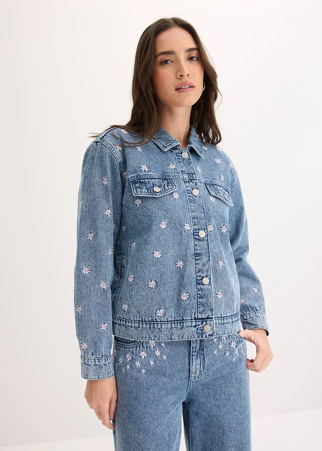 Džínová bunda s květinovou výšivkou, barva: světle modrý denim used