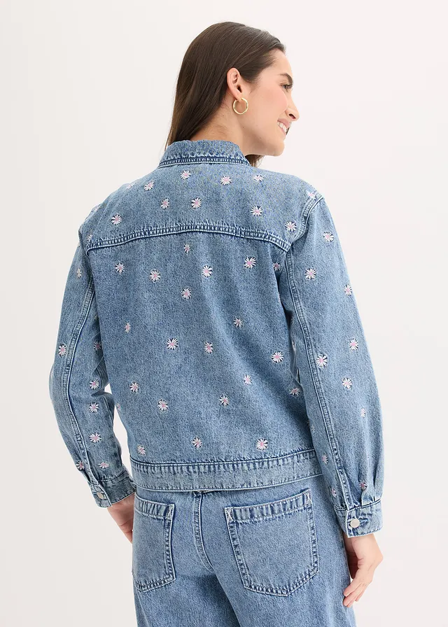 Džínová bunda s květinovou výšivkou • světle modrý denim used • bonprix obchod