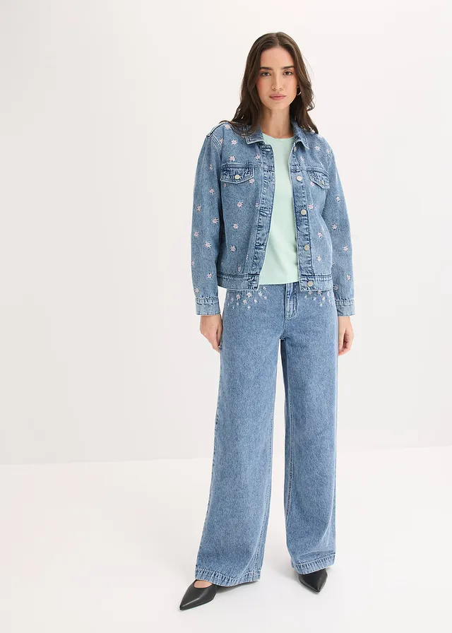 Veste en jean avec fleurs brodées • bleu clair denim used • product-page.page-title-suffix